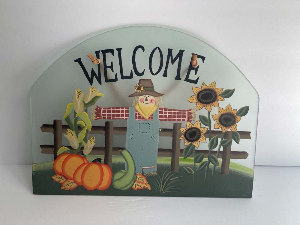 Unbranded Fall Welcome Glass Sign Scarecrow Sunflower Pumpkin Decor